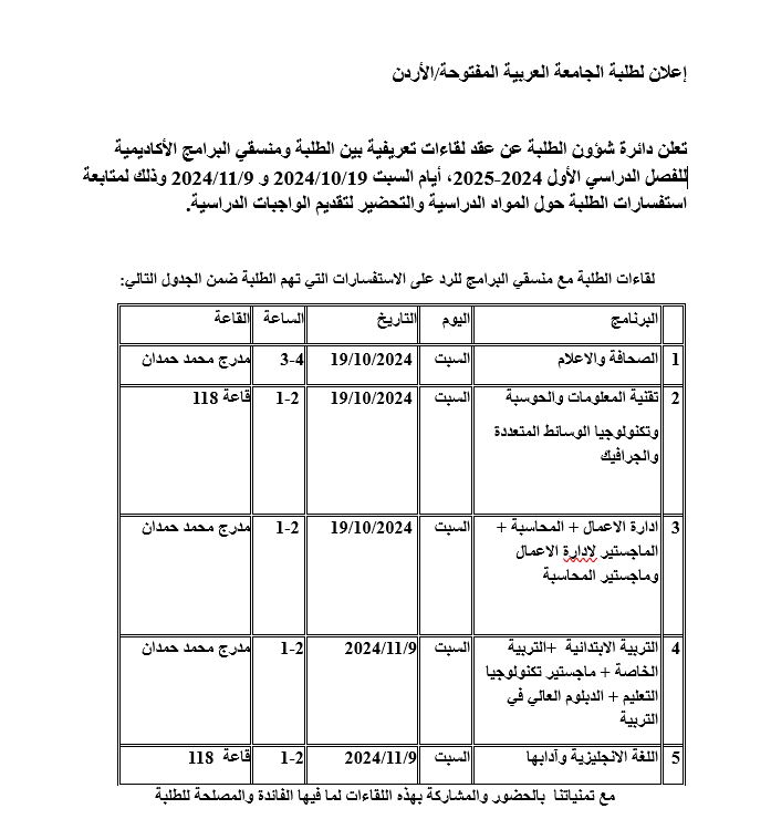 تعلن دائرة شؤون الطلبة عن عقد لقاءات تعريفية بين الطلبة ومنسقي البرامج الأكاديمية