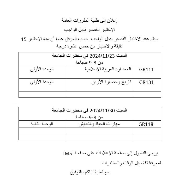 إعلان إلى طلبة المقررات العامة  الاختبار القصير بديل الواجب